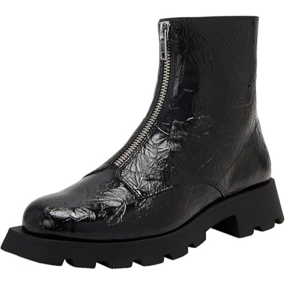 Katy Perry Combat Boot Square DAARLING Wrinkle Black Leather Front Zip Black 5.5
